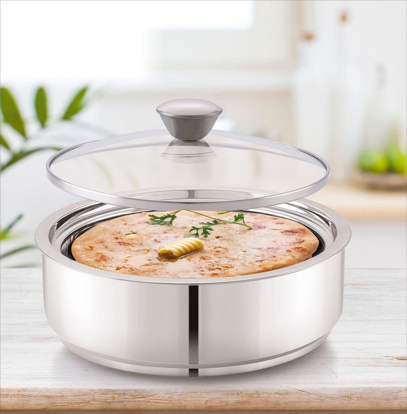 ANJALI ES2PCS Elite Pro Stainless Steel 1pc Gravy Bowl 1300 ml with Glass Lid, 1 pc Roti Server 1600 ml Chapati Pot, Serving Casserole - Image 3