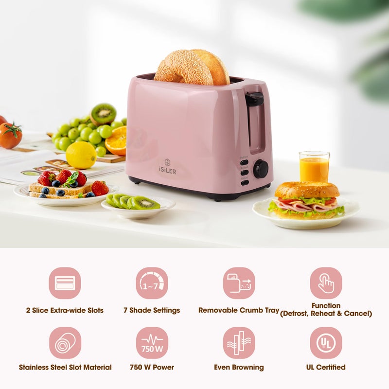 iSiLER 2 Slice Toaster, 1.3 Inches Wide Slot Bagel Toaster with 7 Shade Settings and Double Side Baking, Removable Crumb Tray, Defrost Cancel Function Pink - Image 2