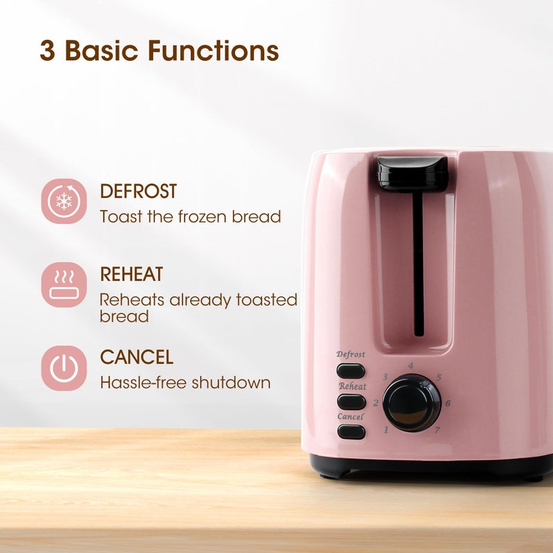 iSiLER 2 Slice Toaster, 1.3 Inches Wide Slot Bagel Toaster with 7 Shade Settings and Double Side Baking, Removable Crumb Tray, Defrost Cancel Function Pink - Image 4