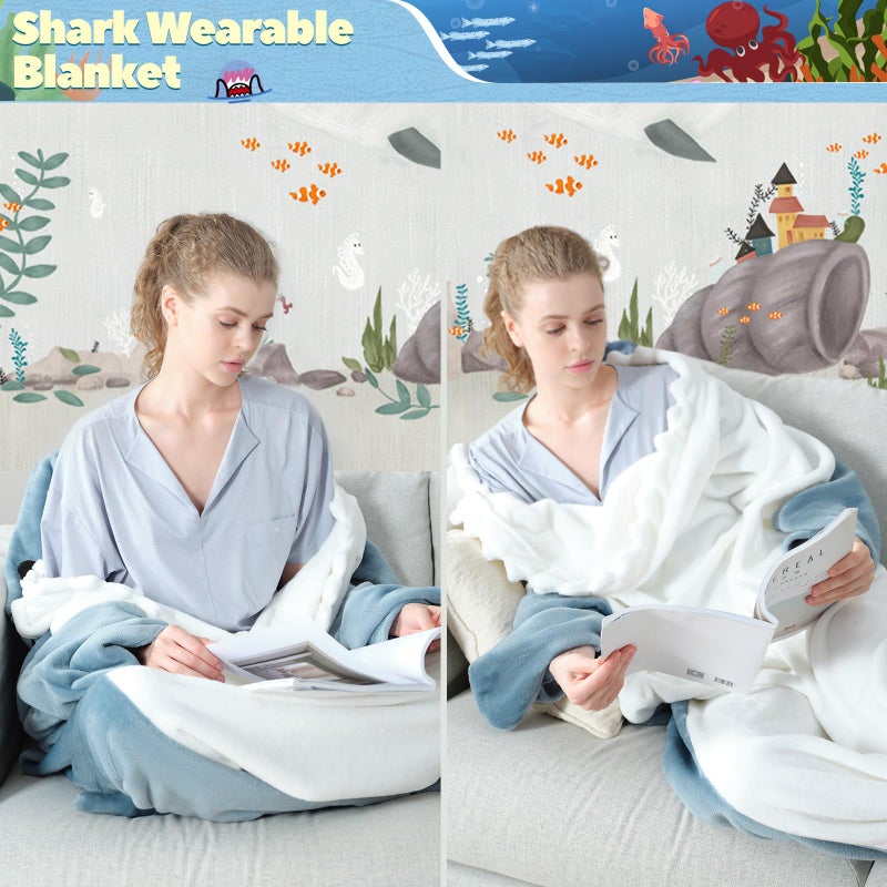 Touchat Shark Blanket for Adult & Kids Super Soft Cozy Flannel Throw Wearable Blanket, Cartoon Animals Shark Onesie Hoodie, Sleeping Bag Cosplay Shark Costume Blanket Gifts for Shark Lovers (Blue,M) - Image 4