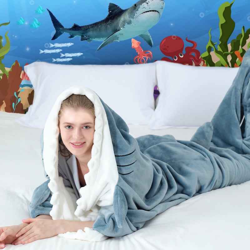 Touchat Shark Blanket for Adult & Kids Super Soft Cozy Flannel Throw Wearable Blanket, Cartoon Animals Shark Onesie Hoodie, Sleeping Bag Cosplay Shark Costume Blanket Gifts for Shark Lovers (Blue,M) - Image 2