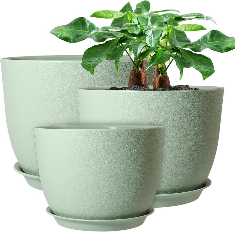 UOUZ 12/10/9 Large Modern Plant Pots, Plastic Planters with Drainage Holes and Saucers for Indoor Outdoor Plants Flowers, Green - Image 1