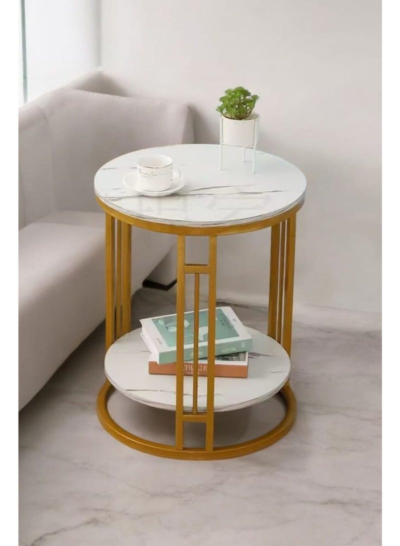 DubaiGallery Stylish Marble Top Sofa Side Table with Gold Metal Stand, Two Layer Round End Table for Books and Décor, Perfect for Modern Living Spaces - Image 3