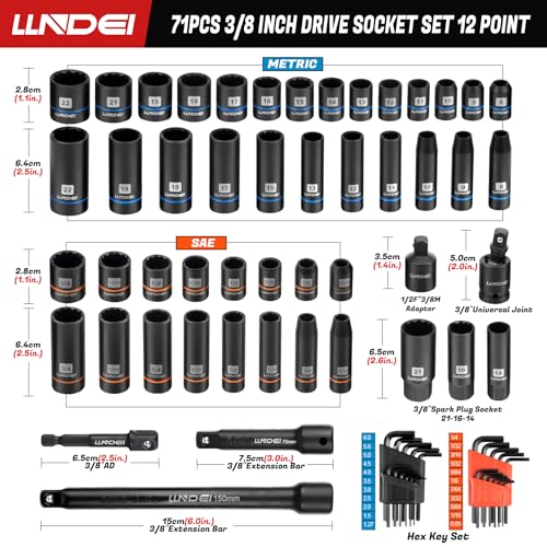 LLNDEI 3/8 inch Drive 12 Point Socket Set 71 Piece,SAE(5/16-3/4in) and Metric(8-22mm),Deep & Shallow,CR-V.With Drill Socket Adapter & Extension Bar 3/8 in,Hex Key Set 12Pt Can Also be Used on 6pt - Image 2