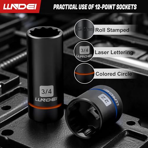 LLNDEI 3/8 inch Drive 12 Point Socket Set 71 Piece,SAE(5/16-3/4in) and Metric(8-22mm),Deep & Shallow,CR-V.With Drill Socket Adapter & Extension Bar 3/8 in,Hex Key Set 12Pt Can Also be Used on 6pt - Image 4