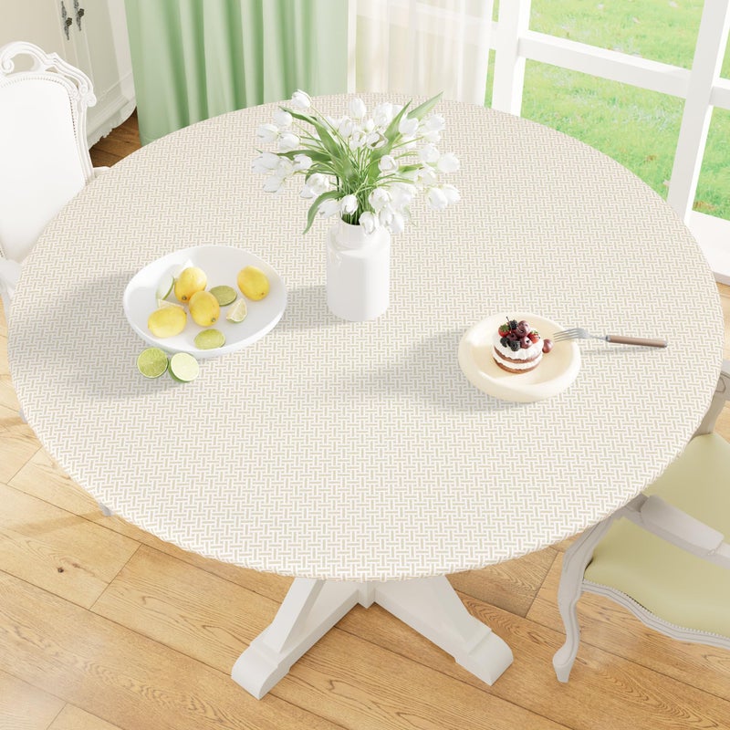 misaya Round Fitted Tablecloth with Elastic Edge, 100% Waterproof Oil Proof Plastic Table Cover, Vinyl Flannel Backed Tablecloth Fits 36"-44" Round Tables for Easter, Outdoor, Picnic, Weave Pattern