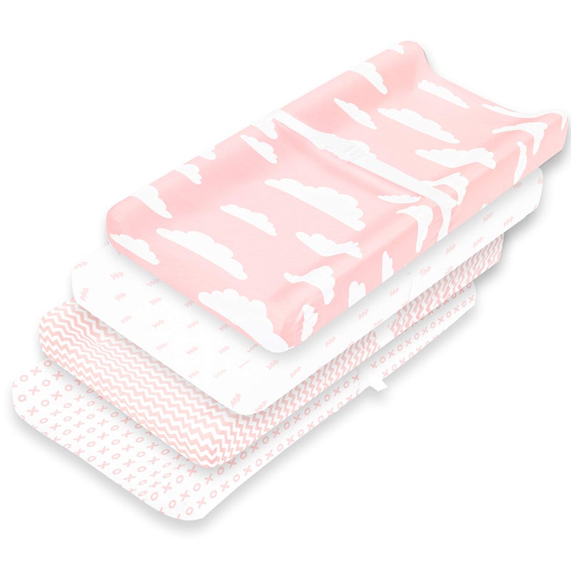 Premium Baby Changing Pad Covers 4 Pack Girl Pure Cotton Machine Washable Pink and White Changing Table Cover Diaper Changing Pad Cover Sheets