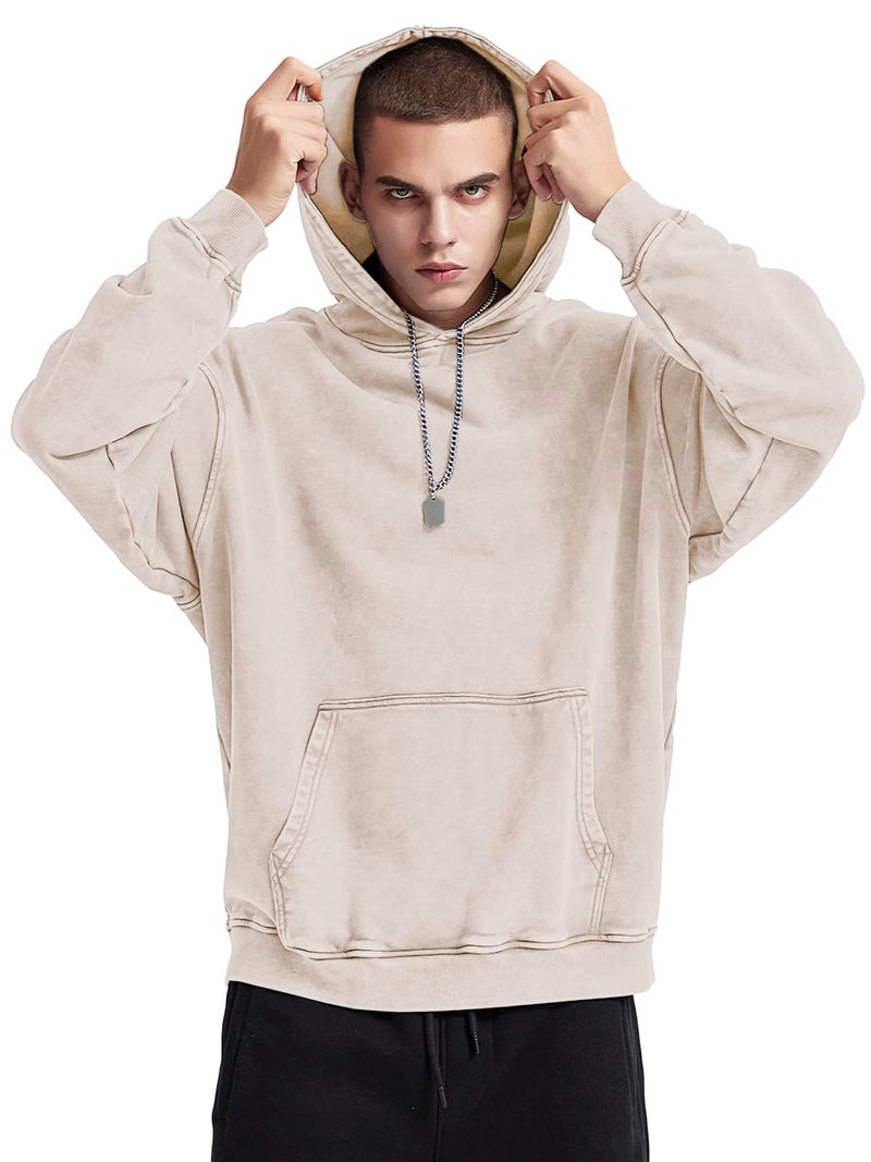 KEEPSHOWING Mens Oversized Hoodies Vintage Hoodie Couples Pullover Acid Wash Hoodies for Men Streetwear Sweatshirts(Beige(hooded) L) - Image 2