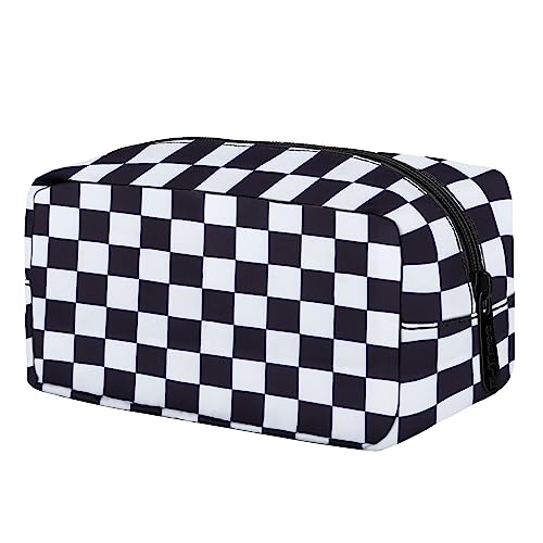 E-Tree Cute Makeup Bag,Medium Travel Make up Pouch for Purse,Zipper Toiletry Cosmetic Brush Skin Care Case for Women Man,Tech Electronic Organizer,Small Canvas Storage for Personal Items,Checkered - Image 1