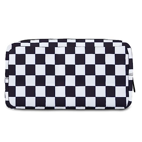 E-Tree Cute Makeup Bag,Medium Travel Make up Pouch for Purse,Zipper Toiletry Cosmetic Brush Skin Care Case for Women Man,Tech Electronic Organizer,Small Canvas Storage for Personal Items,Checkered - Image 2