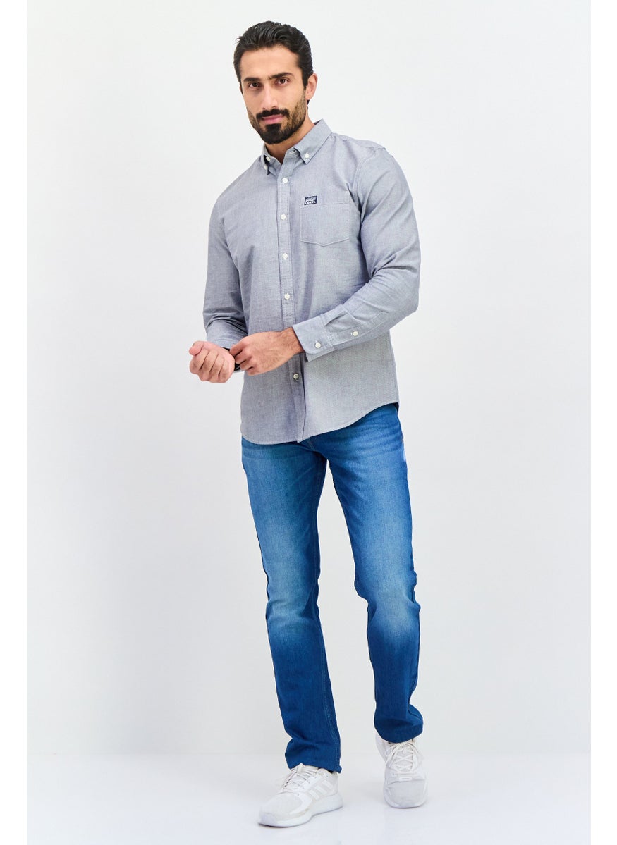 PERRY ELLIS - Men Regular Fit Long Sleeve Plain Casual Shirt, Grey - Image 1