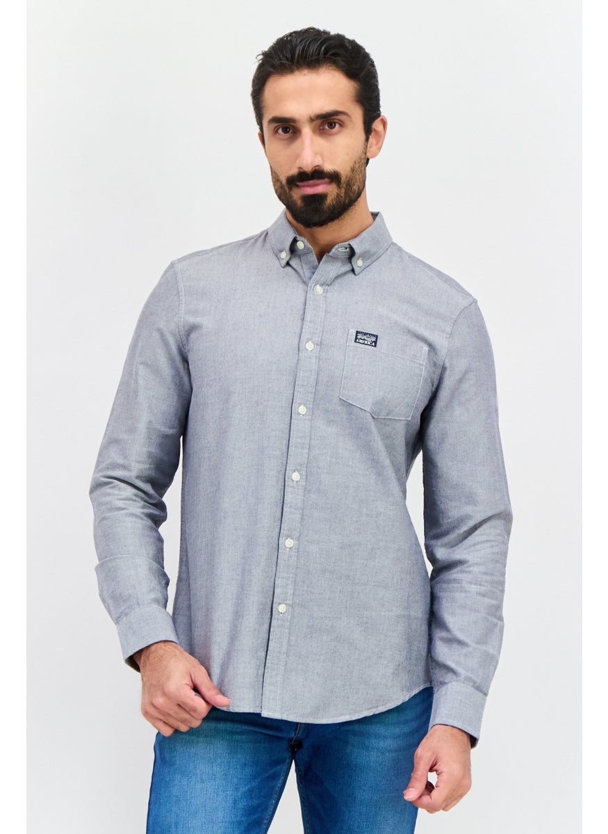 PERRY ELLIS - Men Regular Fit Long Sleeve Plain Casual Shirt, Grey - Image 1