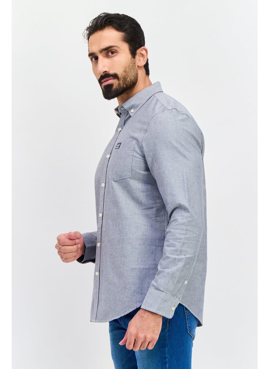 PERRY ELLIS - Men Regular Fit Long Sleeve Plain Casual Shirt, Grey - Image 1