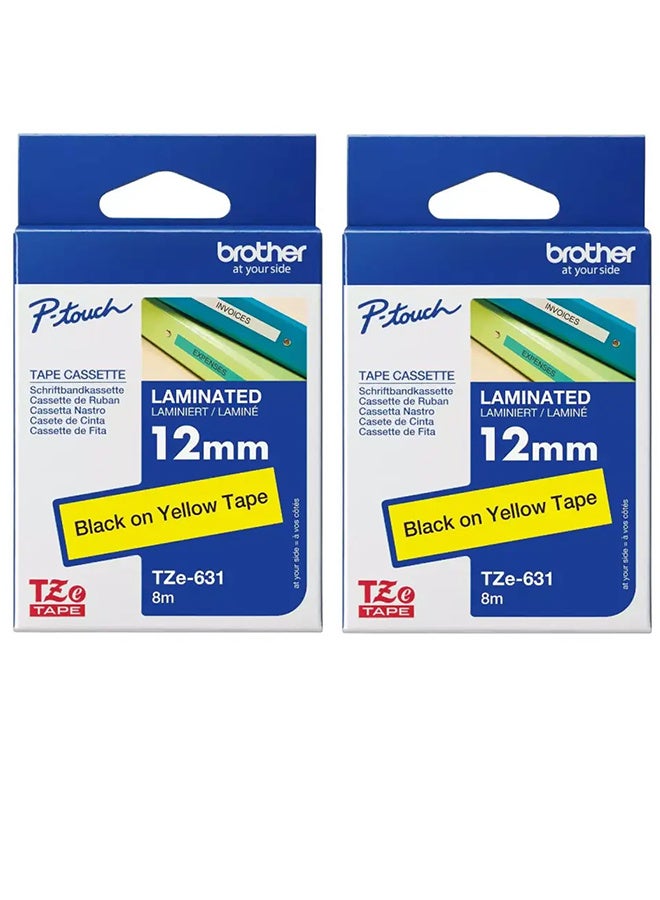 بروذر Labelling Tape Brother TZe-631 Laminated Tape – Black on Yellow, 3/8 Inch (12mm) 2-Pack - Image 1