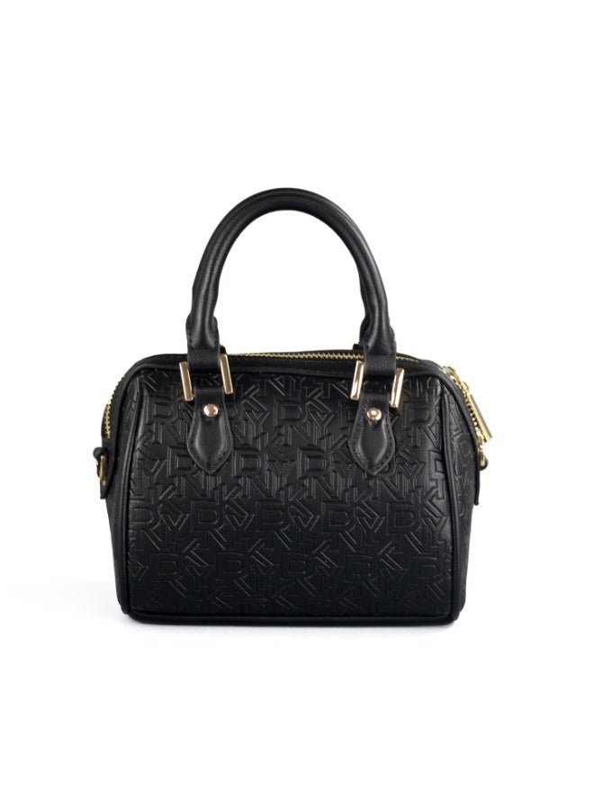 Donna Karan 2026 New Style Vintage DKNY Small Doctor Satchel Bag Dual Texture Jacquard Canvas Embossed Monogram Leather Trim Gold Metal Logo Zipper Mini Top Handle  Handbag For Daily Wear - Image 4
