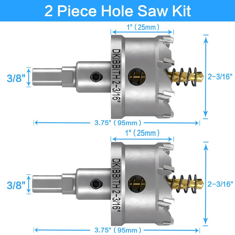 DKIBBITH TCT Hole Saw Set, 2-Pack of 2-3/16" (55mm) Heavy Duty Tungsten Carbide Tipped Hole Cutters for Stainless Steel Mild Steel Copper Iron Brass Plastic and More, with Titanium-Plated Pilot Drill Bits - Image 2
