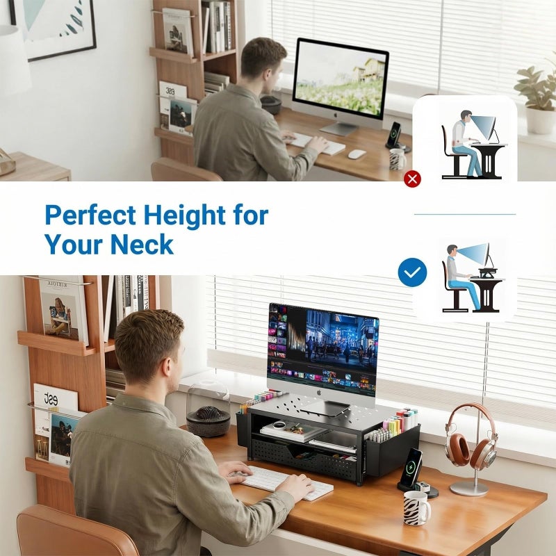 OPNICE Laptop Stand Desk Organizer, 2-Tier Metal Monitor Stand Riser with Drawer & 2 Pen Holders, Ventilated Perforated Steel Top, Office Desk Accessories for Home Office, Black - Image 3