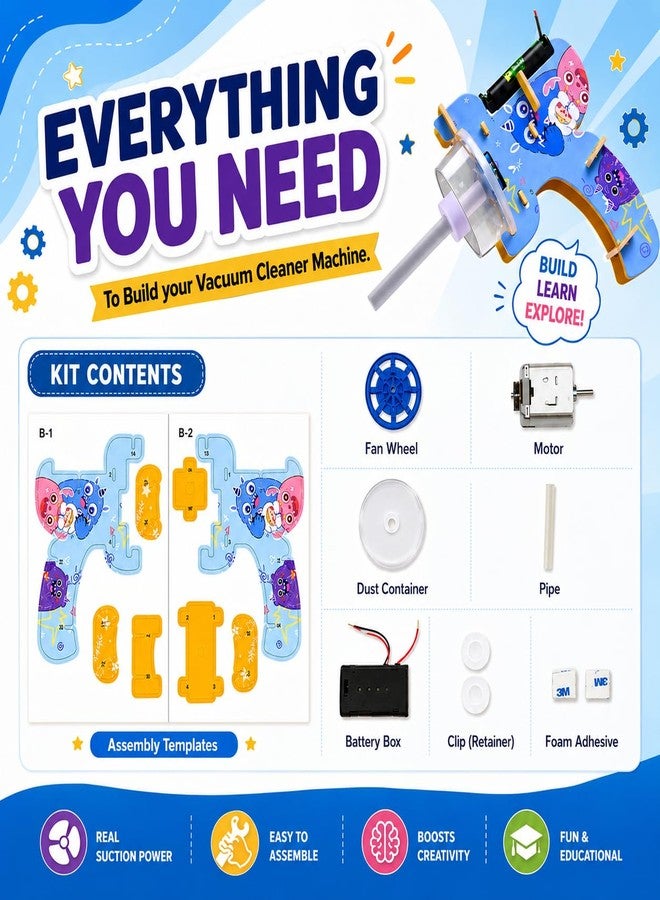 Kit4Curious® Vacuum Cleaner DIY Kit for Kids - Build & Reassemble STEM Science Working Model - Educational Engineering Toy Project - Image 3