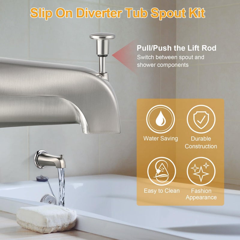 Dreyoo Slip On Diverter Tub Spout with Metal Cover Ring and Foam Gasket, Compatible with Kohler GP85556-CP, Bathroom Bathtub Faucet Set Replacement Fits 1/2'' Copper Water Tube(Brushed Nickel) - Image 5