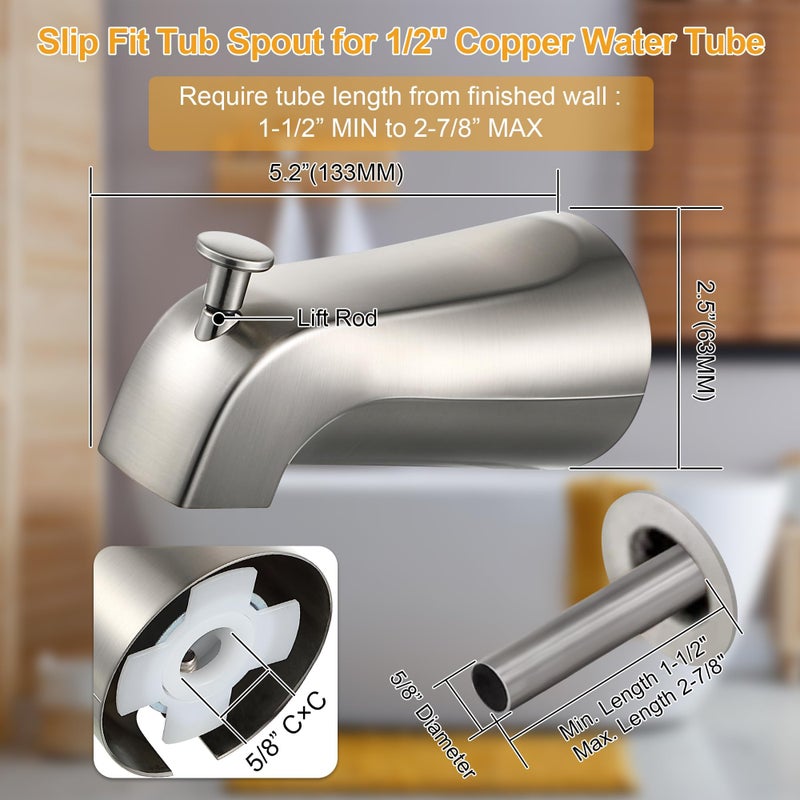 Dreyoo Slip On Diverter Tub Spout with Metal Cover Ring and Foam Gasket, Compatible with Kohler GP85556-CP, Bathroom Bathtub Faucet Set Replacement Fits 1/2'' Copper Water Tube(Brushed Nickel) - Image 2