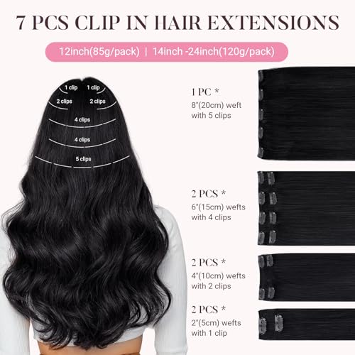 MAXITA Clip in Hair Extensions Real Human Hair, 18 Inch Jet Black 120g 7pcs Human Hair, Straight Natural Hair Remy Clip in Hair Extensions for Woman - Image 2