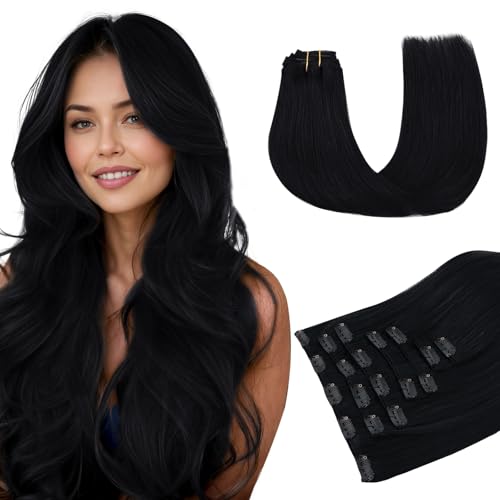 MAXITA Clip in Hair Extensions Real Human Hair, 18 Inch Jet Black 120g 7pcs Human Hair, Straight Natural Hair Remy Clip in Hair Extensions for Woman - Image 1