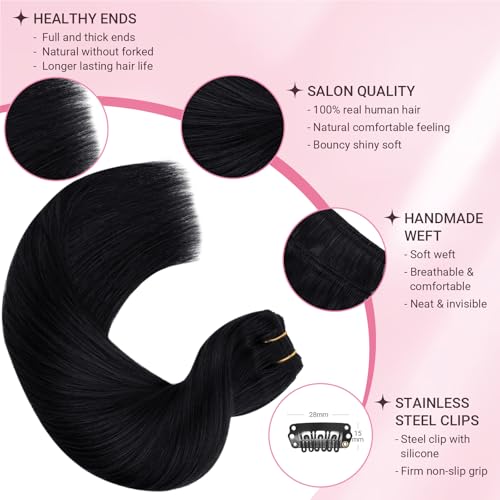 MAXITA Clip in Hair Extensions Real Human Hair, 18 Inch Jet Black 120g 7pcs Human Hair, Straight Natural Hair Remy Clip in Hair Extensions for Woman - Image 4