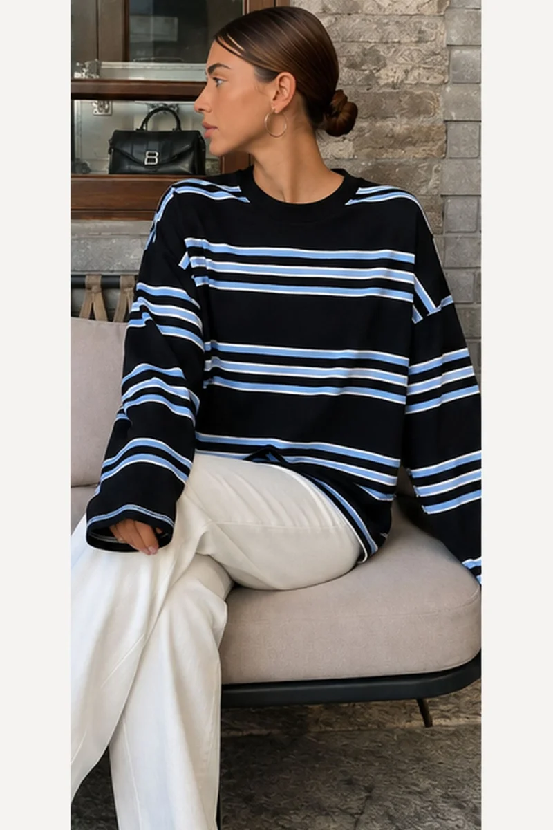 بيبانتولون BIPANTOLON Women's Oversized Striped Crew Neck Sweatshirt