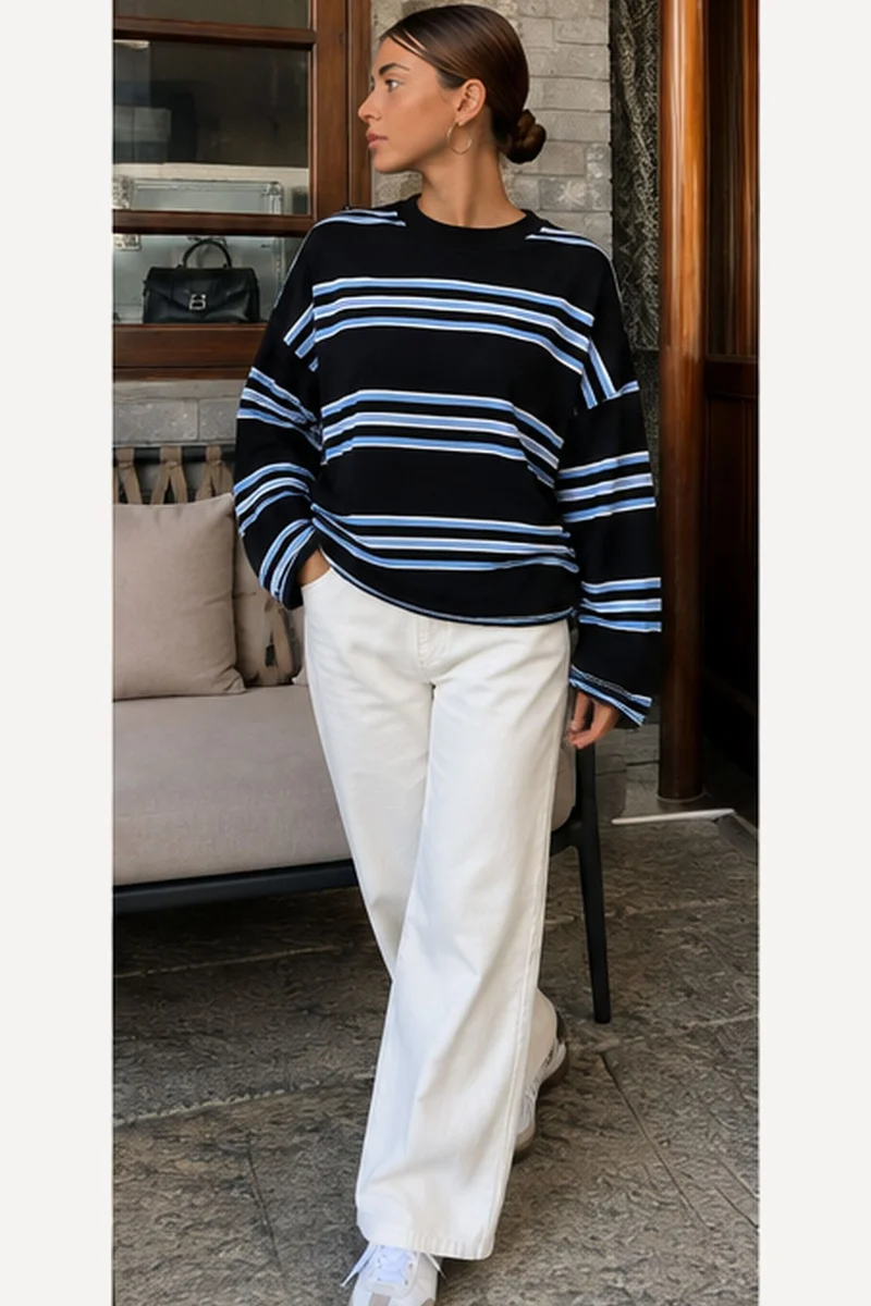 بيبانتولون BIPANTOLON Women's Oversized Striped Crew Neck Sweatshirt