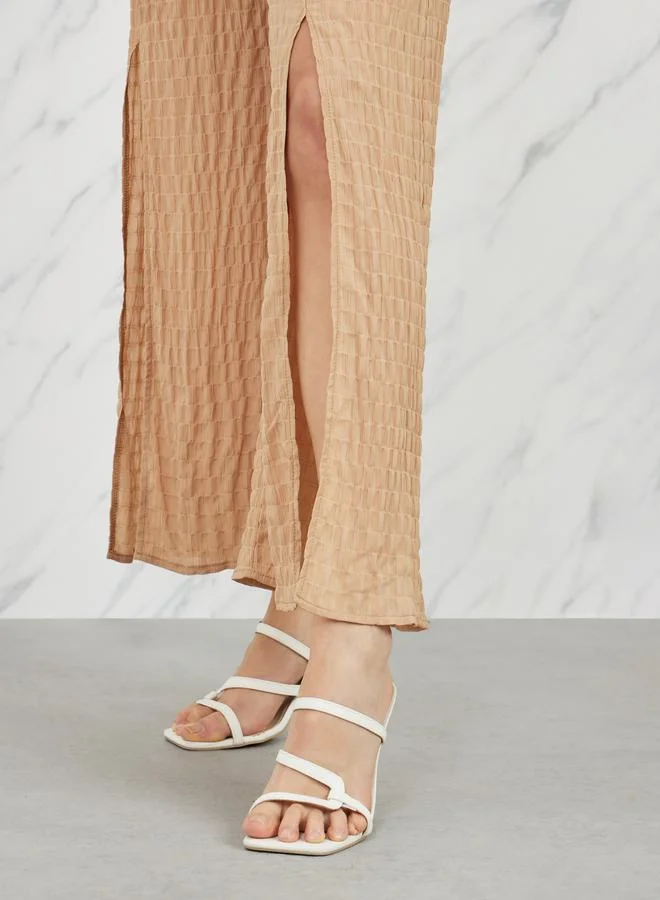 Styli Shirred Front Slit Wide Leg Pant with Self Tie Up