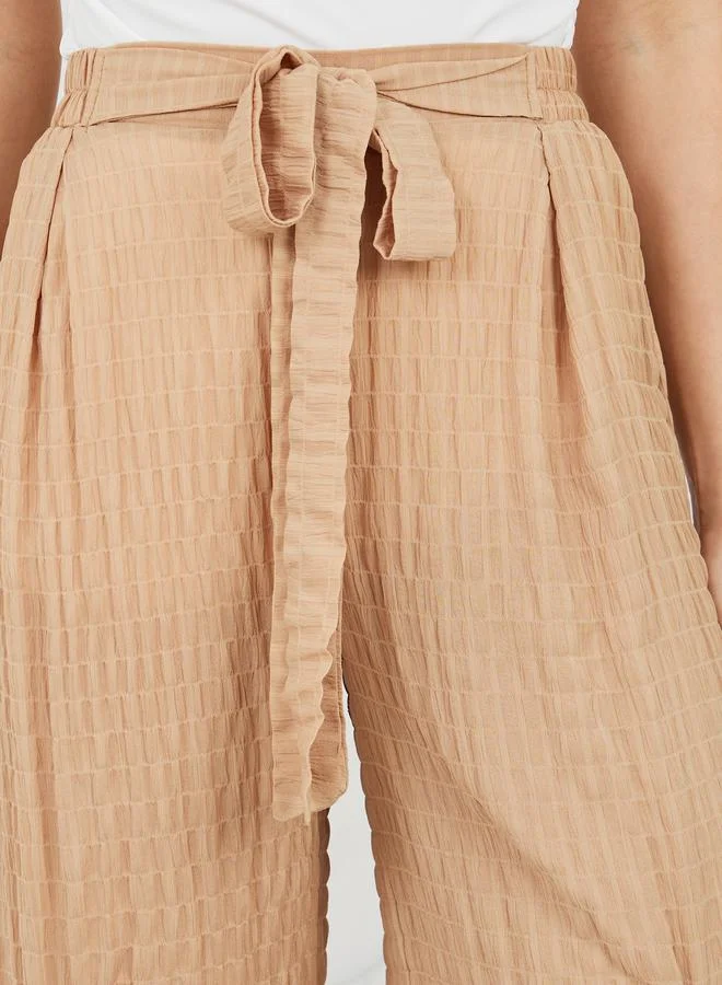 Styli Shirred Front Slit Wide Leg Pant with Self Tie Up
