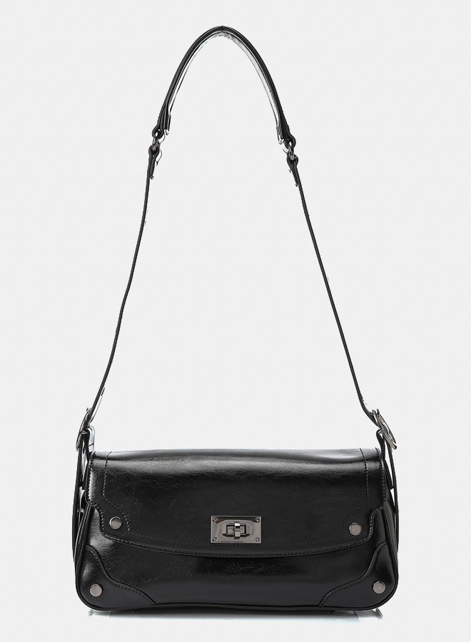 DejaVu Switch Lock Plain Black Shoulder Bag - Image 1