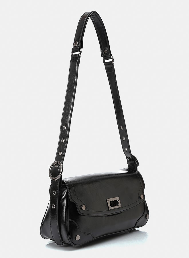 DejaVu Switch Lock Plain Black Shoulder Bag - Image 2