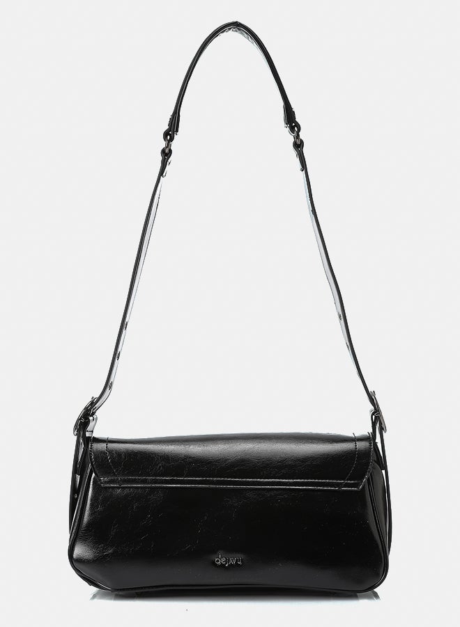 DejaVu Switch Lock Plain Black Shoulder Bag - Image 3