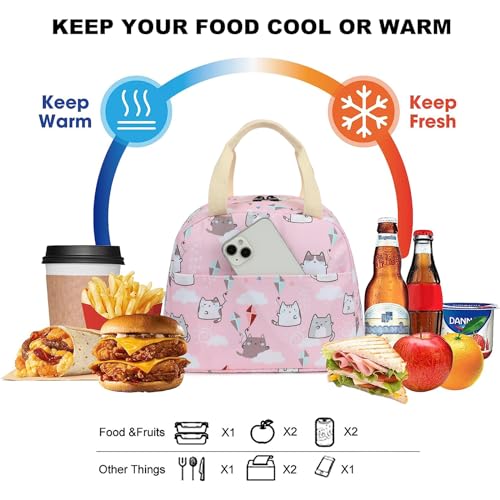 Kouxunt Cat Insulated Lunch Bag for Women Grils Reusable Tote Lunch Box for Work School Picnic Travel Pink - Image 3