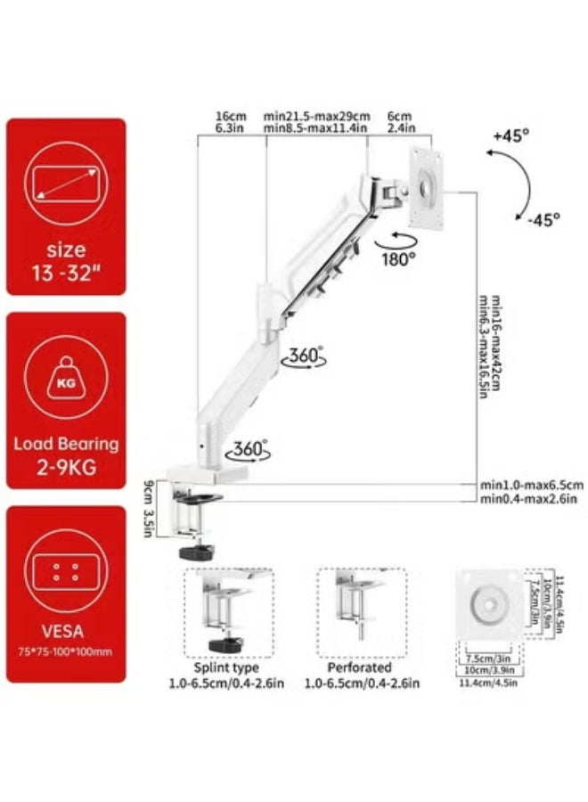 Adjustable Gas Spring Monitor Arm 13 to 32 Inch Full Motion Desk Mount with Cable Management White - Image 2