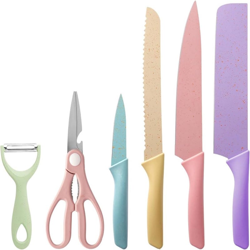 CARTIFY Professional Colorful Kitchen Knives Set of 6 Pieces NonStick Blades with High Carbon Stainless Steel Sharp Kitchen Cutting Knives Set for Slicing - Image 1