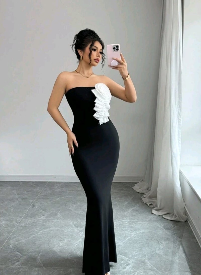 Shein Elenzga SHEIN WomenDRESS Elegant Tube Dress With Sculpted Floral Design Fishtail Dress  - Image 3