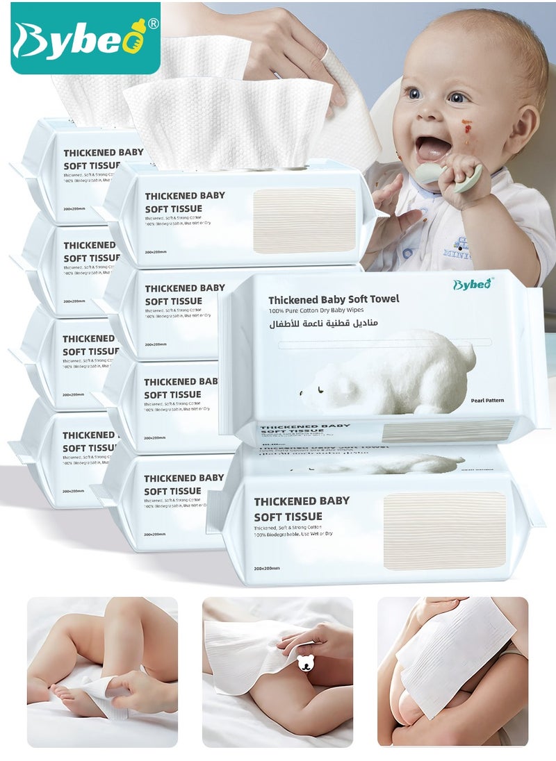 Bybeo 10 Bags Baby Cotton Tissue, Soft Baby Dry Wipe, Wet And Dry Use, Made Of Pure Cotton, 360 Count Unscented Disposable Facial Cotton Tissues  - Image 1