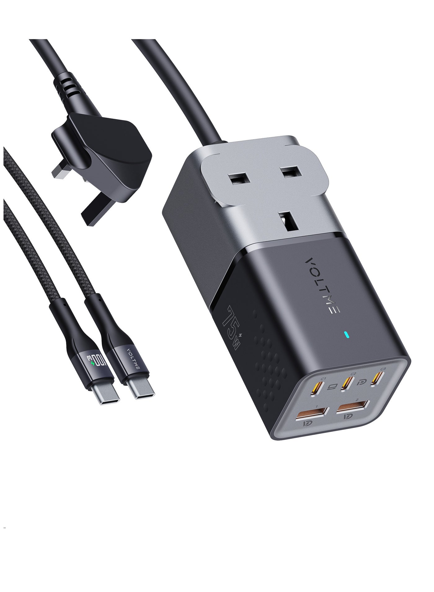 6-in-1 GaNFast Power Strip 75W – 3250W Heavy-Duty AC Socket Extension with 3 USB-C PD Ports, 2 USB-A QC 3.0 Ports, 1.2m Type-C Cable + 1.8m Extension Cable, Compatible with iPhone Air, iPhone 17/17 Pro/17 Pro Max, iPhone 16 Pro/Max/Plus, Galaxy S24/S23/S22, MacBook Pro/Air, Dell XPS, iPad Pro, Steam Deck, Ideal for Travel