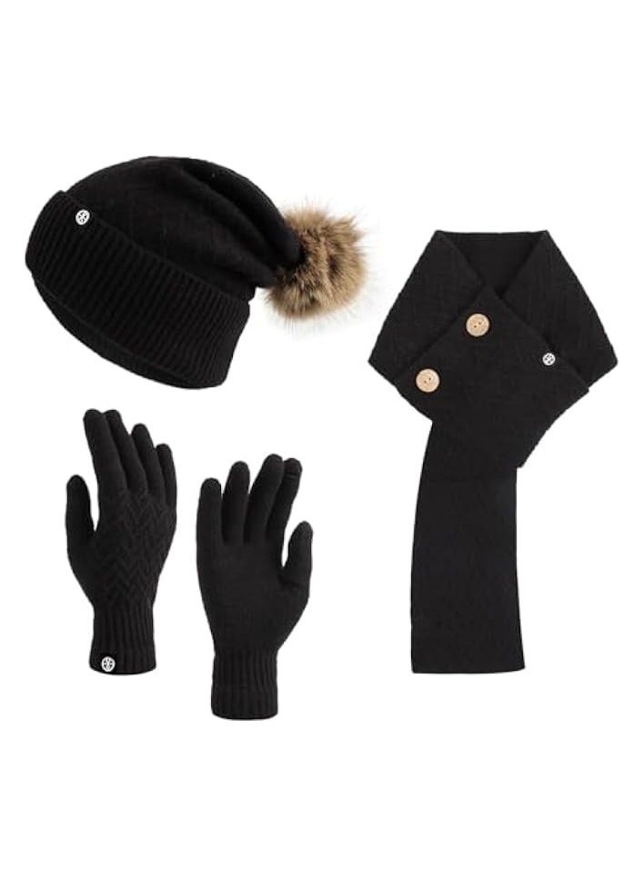 PROMASS 3 Pcs Winter Beanie Hat Scarf Gloves Set, Touchscreen Gloves Set Warm Knitted Thick Fluffy Hat Scarves Fleece Lined Skull Cap for Women Winter Ski Outing Set for Men Womens - Image 1