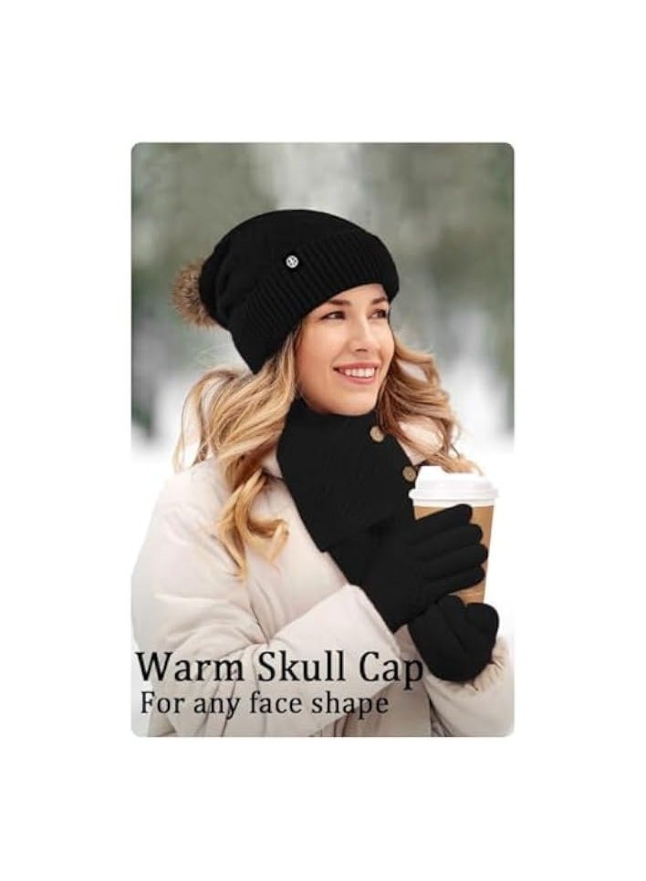 PROMASS 3 Pcs Winter Beanie Hat Scarf Gloves Set, Touchscreen Gloves Set Warm Knitted Thick Fluffy Hat Scarves Fleece Lined Skull Cap for Women Winter Ski Outing Set for Men Womens - Image 2