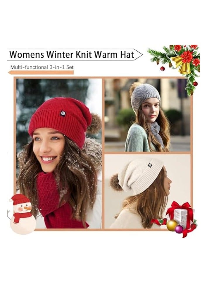 PROMASS 3 Pcs Winter Beanie Hat Scarf Gloves Set, Touchscreen Gloves Set Warm Knitted Thick Fluffy Hat Scarves Fleece Lined Skull Cap for Women Winter Ski Outing Set for Men Womens - Image 3