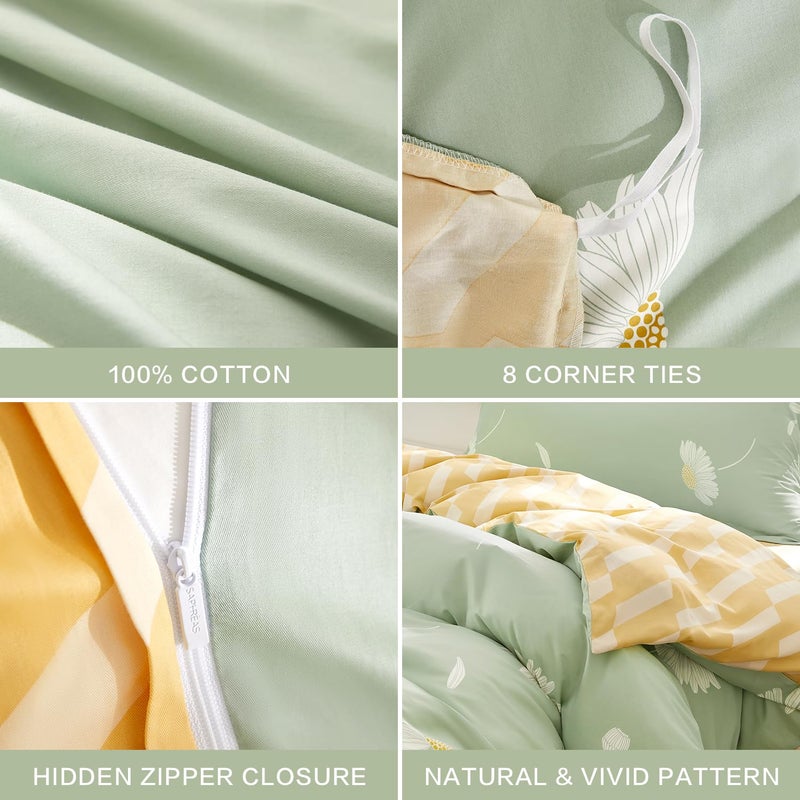 SAPHREAS Floral Daisy Duvet Cover Set Full Size 3pcs Sage Green White Flower Bedding Comforter Cover Set 100% Cotton 1 Duvet Cover 90"x80" 2 Pillow Shams, Comforter Not Included - Image 5