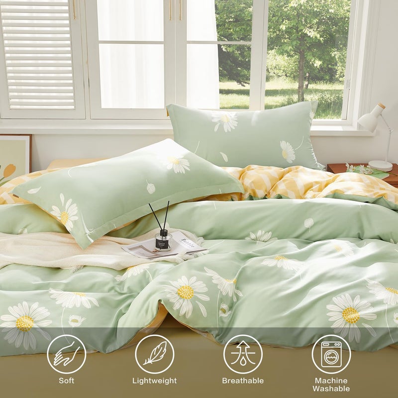 SAPHREAS Floral Daisy Duvet Cover Set Full Size 3pcs Sage Green White Flower Bedding Comforter Cover Set 100% Cotton 1 Duvet Cover 90"x80" 2 Pillow Shams, Comforter Not Included - Image 4