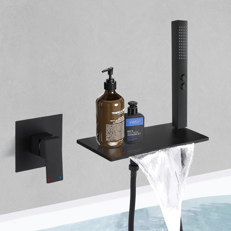 BESy Brass Waterfall Bath Tub Faucet with Handheld Sprayer Wall Mount Bathtub Faucet Set Modern Tub Filler with Brass 2 In 1 Handheld Showerhead with cUPC RoughIn Valve Matte Black - Image 2