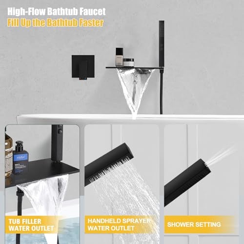 BESy Brass Waterfall Bath Tub Faucet with Handheld Sprayer Wall Mount Bathtub Faucet Set Modern Tub Filler with Brass 2 In 1 Handheld Showerhead with cUPC RoughIn Valve Matte Black - Image 3