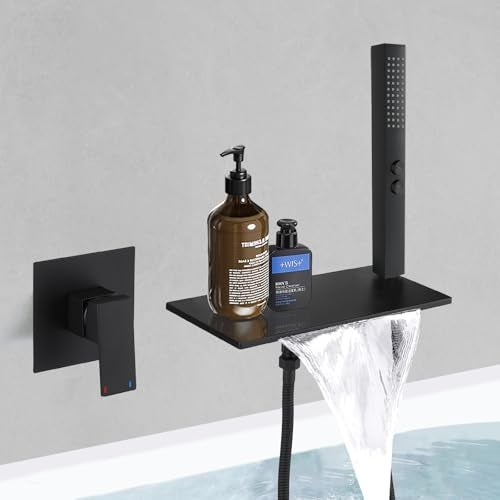 BESy Brass Waterfall Bath Tub Faucet with Handheld Sprayer Wall Mount Bathtub Faucet Set Modern Tub Filler with Brass 2 In 1 Handheld Showerhead with cUPC RoughIn Valve Matte Black - Image 1