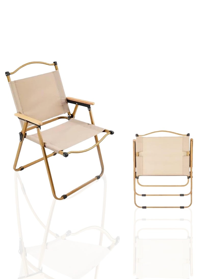متجر الفرح كراسي تخييم قابلة للطي، كرسي شاطئ خارجي محمول قابل للطي، كراسي تخييم قياسية بإطار معدني ودرابزين خشبي للتخييم، والحفلات، وصيد الأسماك، والشاطئ، والمروج، والفناء، باللون الكاكي - Image 1