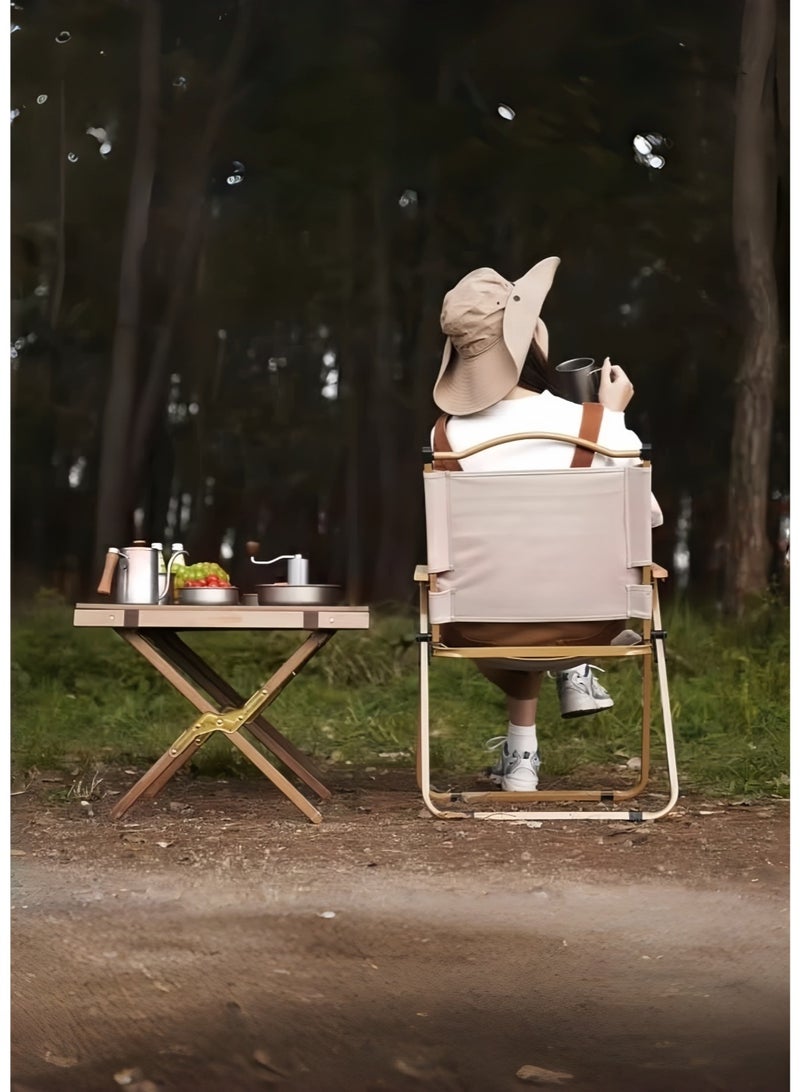 متجر الفرح كراسي تخييم قابلة للطي، كرسي شاطئ خارجي محمول قابل للطي، كراسي تخييم قياسية بإطار معدني ودرابزين خشبي للتخييم، والحفلات، وصيد الأسماك، والشاطئ، والمروج، والفناء، باللون الكاكي - Image 4